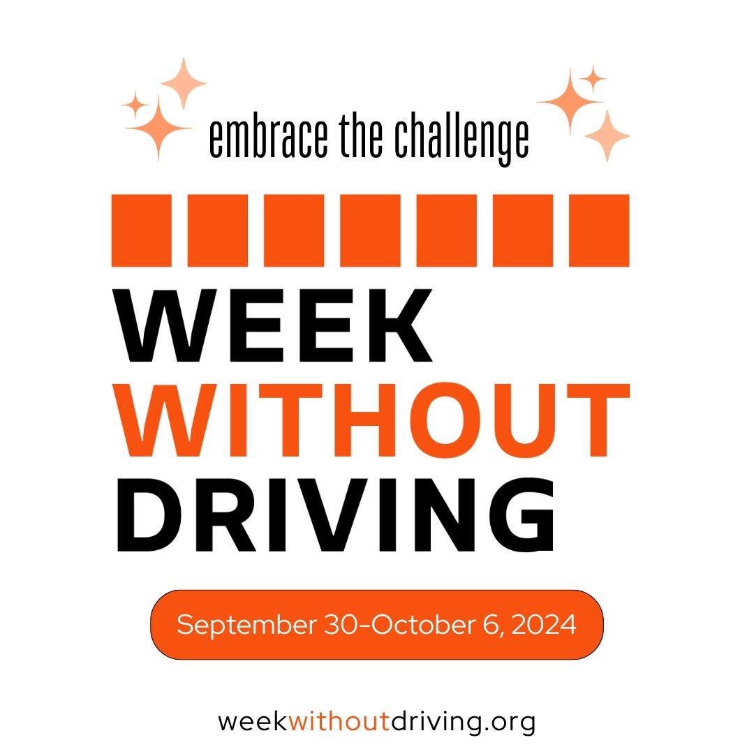 A logo saying "Embrace the Challenge, Week Without Driving" in orange letters