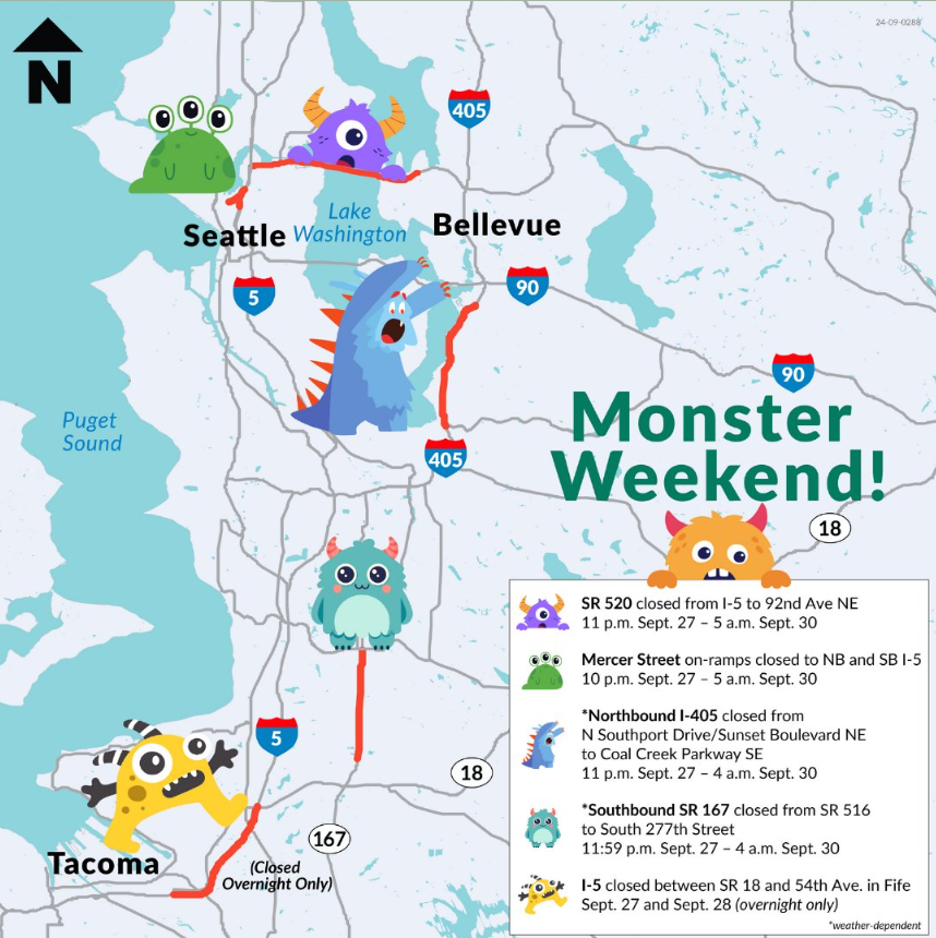 Map of construction in the King County area with cute monsters drawn on it. closures for SR 520, Mercer St NB I-405 SB SR 167 and I-5 in Fife