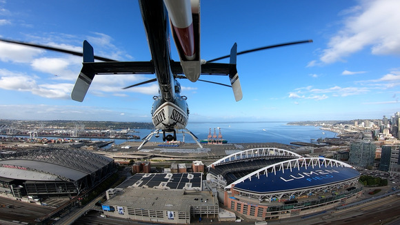 A Sheriff's Office helicopter flies over Seattle.