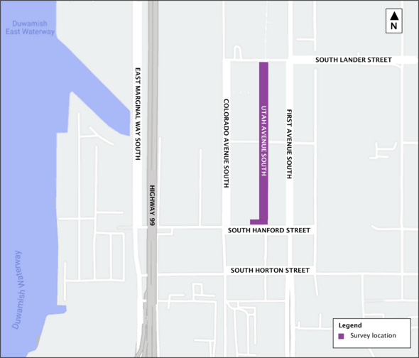 Map rendering in the SODO neighborhood with survey location called out in purple. 