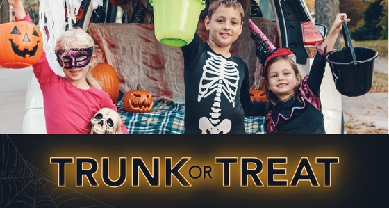 Three kids in costume with the words "Truck or Treat" superimposed