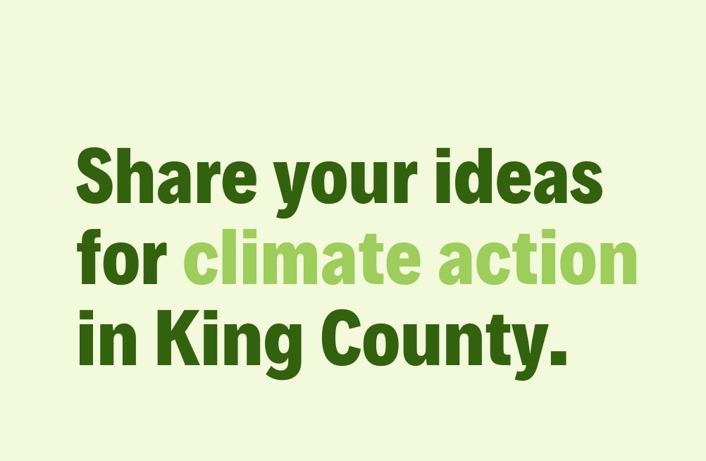 "Share your ideas for climate action in King County" in dark green font on a light green background