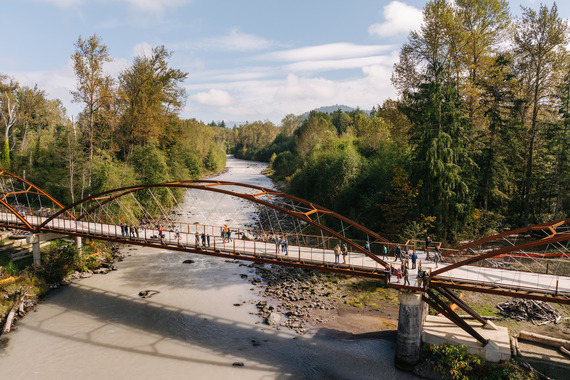 King County Parks’ new weathered steel bridge crosses the White River.