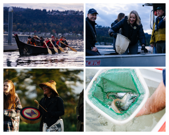 A photo collage of photos of the traditional ceremony and kokanee release. 