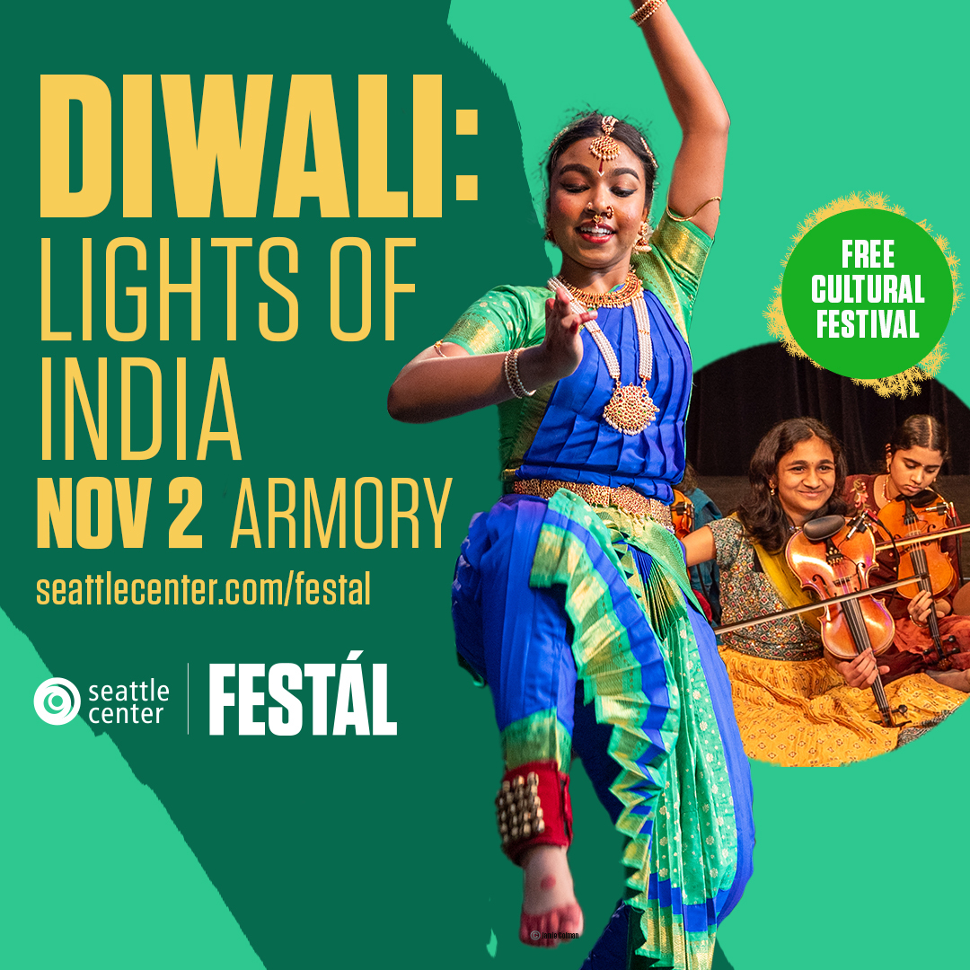 A green flyer with details about the Nov. 2 Diwali event