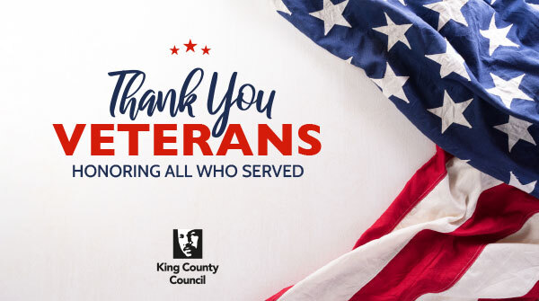 A graphic saying "Thank you, veterans" with the King County logo and American flag