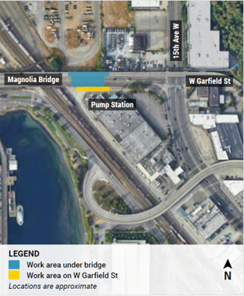 Map showing the location of the working taking under the Magnolia Bridge and on W Garfield St.