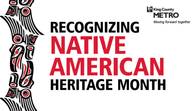 Metro logo and text "Recognizing Native American Heritage Month" with a pattern of indigenous art on the left side. 