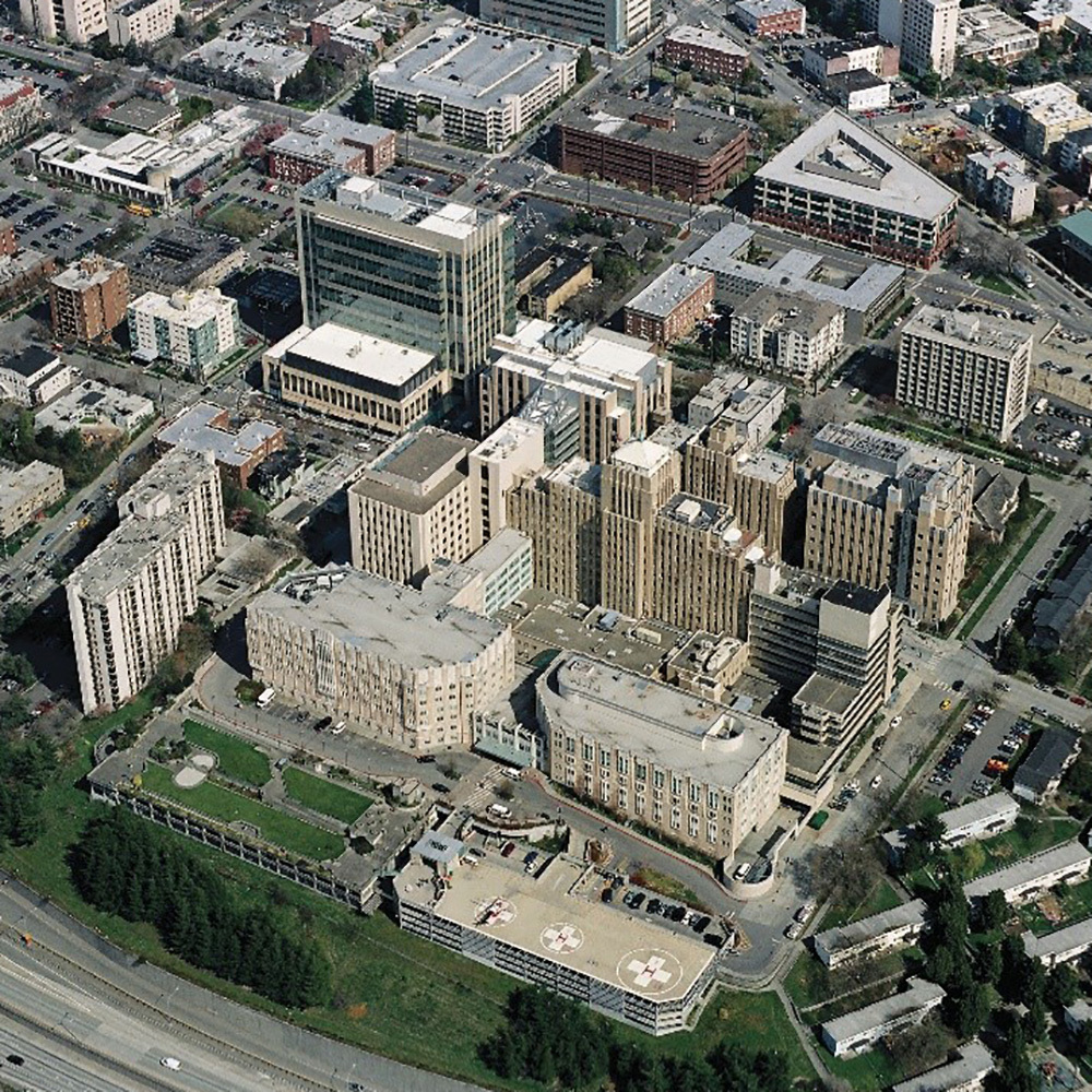 An aerial view of the Harborview Medical Center campus on First Hill, Seattle