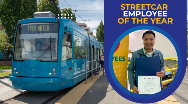 image of streetcar and employee with certificate and words 'Streetcar employee of the year"