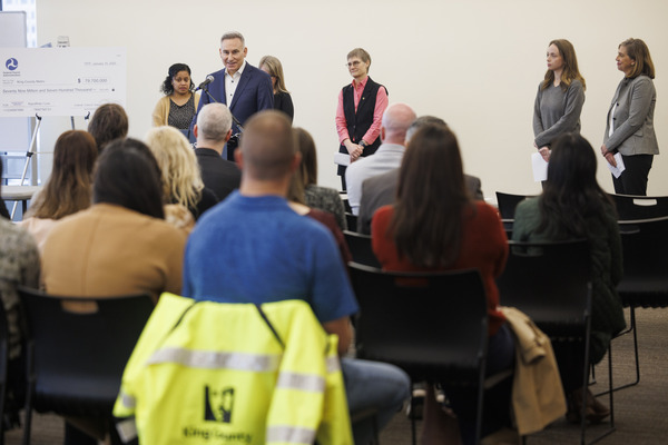 Executive Constantine delivers remarks at an event announcing federal funding for RapidRide.