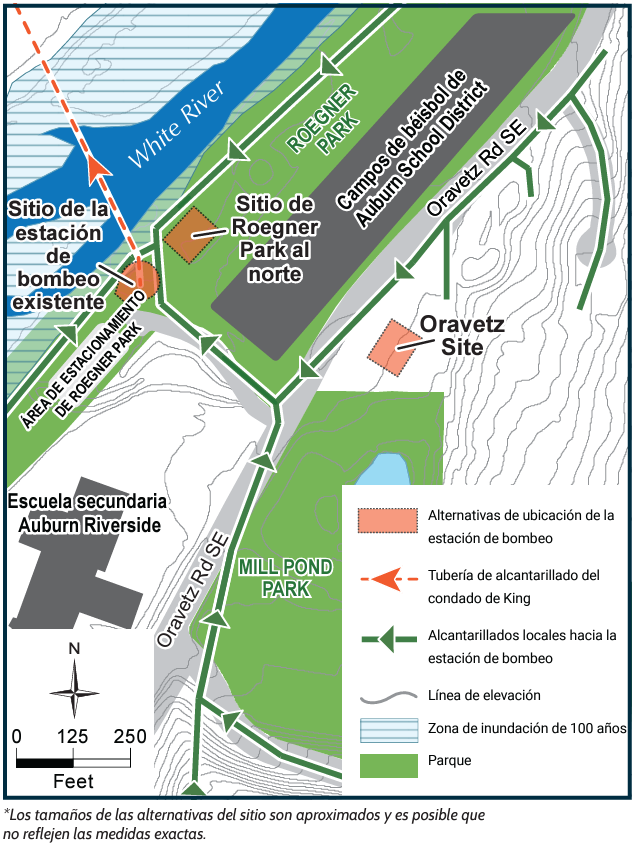 Mapa que muestra tres sitios alternativos. Dos sitios están en el Roegner Park y uno está al otro lado de Oravetz Road cerca de Mill Pond Park.