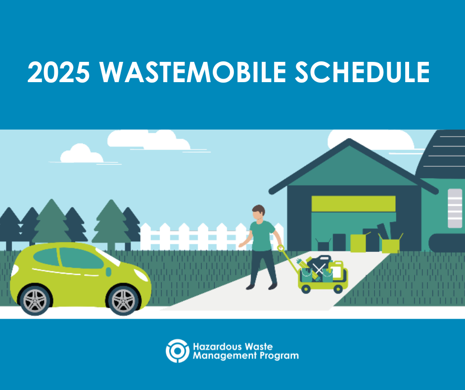 A blue background with white text reads "Wastemobile 2025 schedule" above a graphic of a person transporting waste items from a home to a car
