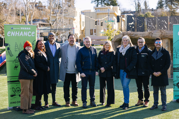 Local officials and community leaders announce the Parks Levy at Pathways Park.