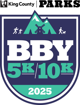logo of the big backyard 5k/10k with illustration of people running, a person walking their dog, and mountains with a windmill in front of it