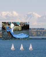 A red carpet fashion scene is superimposed on an image of sailboats on Puget Sound with Mount Rainier in the background.