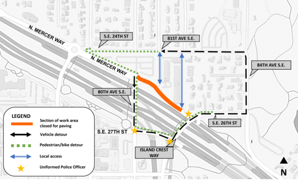 Map of work area for final paving and restoration activities planned on North Mercer Way