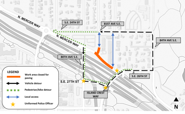 Map of work area and detours for final paving on the south end of 81st Ave S.E. and on North Mercer Way between 81st Ave S.E. and Island Crest Way
