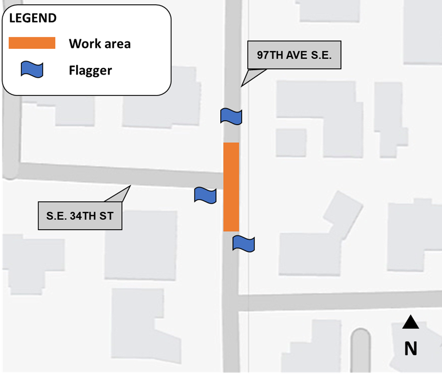 Map of pipe relining work area on 97th Ave S.E. and S.E. 34th St