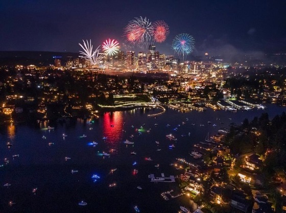 Multicolor fireworks explode at night over the Bellevue skyline