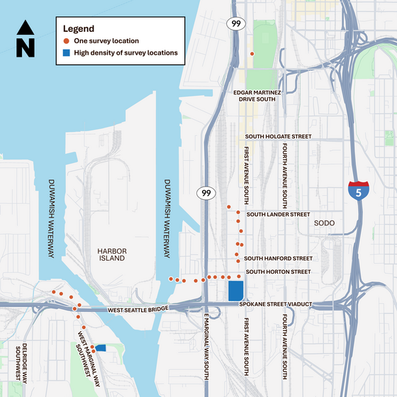 Aerial map of SODO and Harbor Island with pins and shaded areas showing survey locations