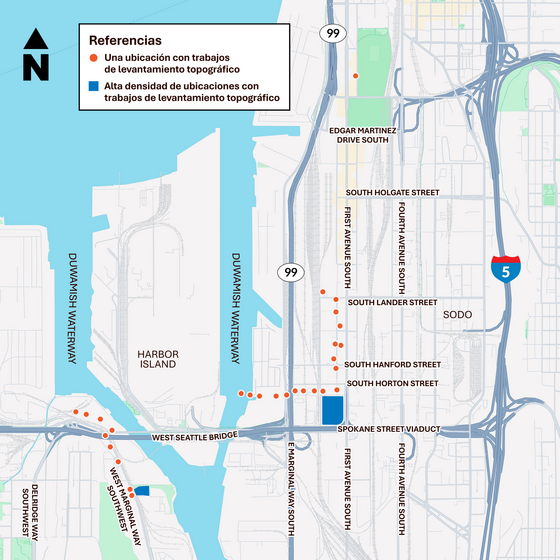 Mapa aéreo de SODO y Harbor Island con marcadores y áreas sombreadas que muestran las ubicaciones de las encuestas.