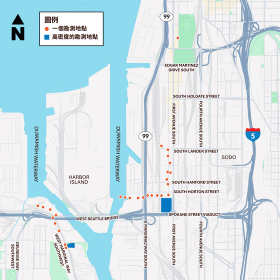 SODO 和港口島的空拍地圖，標示了調查地點的圖釘與陰影區域。
