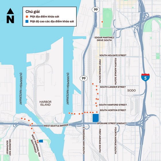 Bản đồ trên không của SODO và Đảo Harbor với các ghim và vùng được tô bóng hiển thị vị trí khảo sát.
