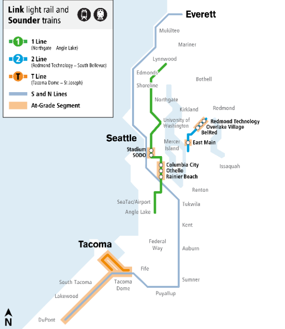 A map showing Sound Transit's at-grade crossing locations