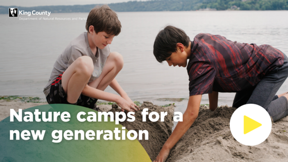 A video thumbnail with a photo of kids playing on a beach and the text "nature camps for a new generation."