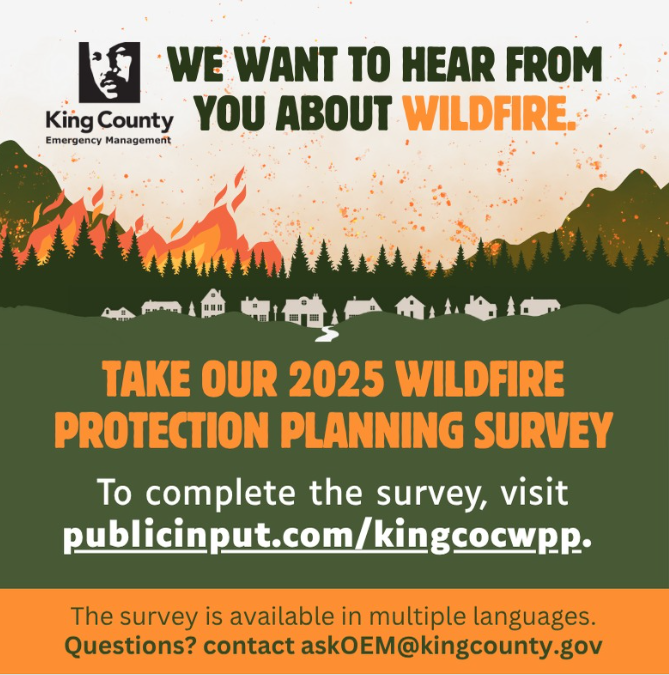 A green and orange graphic inviting people to take the wildfire survey