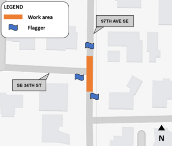 Map of work area. During work hours, flaggers will direct single lane traffic on 97th AVE SE.