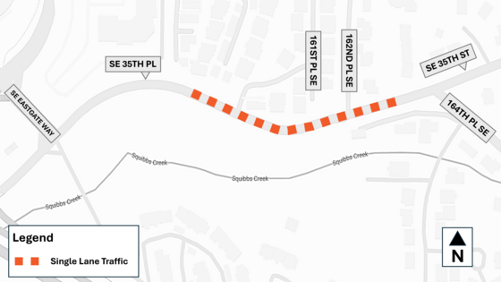 Traffic control will be located on Southeast 35th Place between Southeast Eastgate Way and 164th Place Southeast