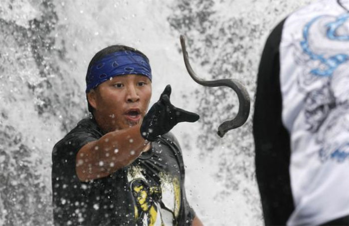 Man with his back to a waterfall tossing a eel-like lamprey to another person