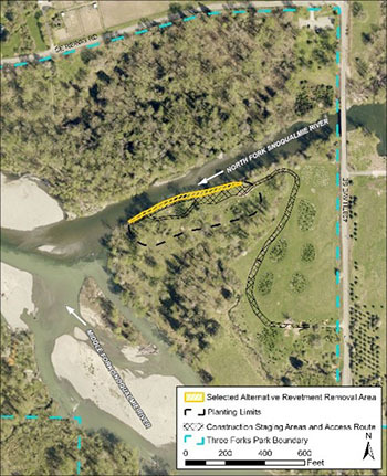 Aerial photo of the confluence of North Fork Snoqualmie River and the Middle Fork showing project plans at Three Forks Park