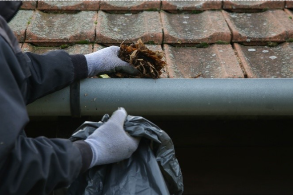 Image of person cleaning leaves out of a gutter.