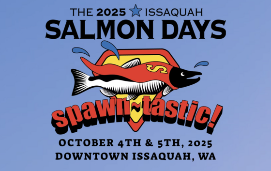 Poster for 2025 Issaquah Salmon Days, Oct. 4–5 in downtown Issaquah, with superhero salmon and “spawn-tastic!” slogan.