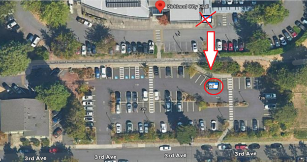 Aerial photo of the parking lots near Kirkland City Hall, showing new location of drop box