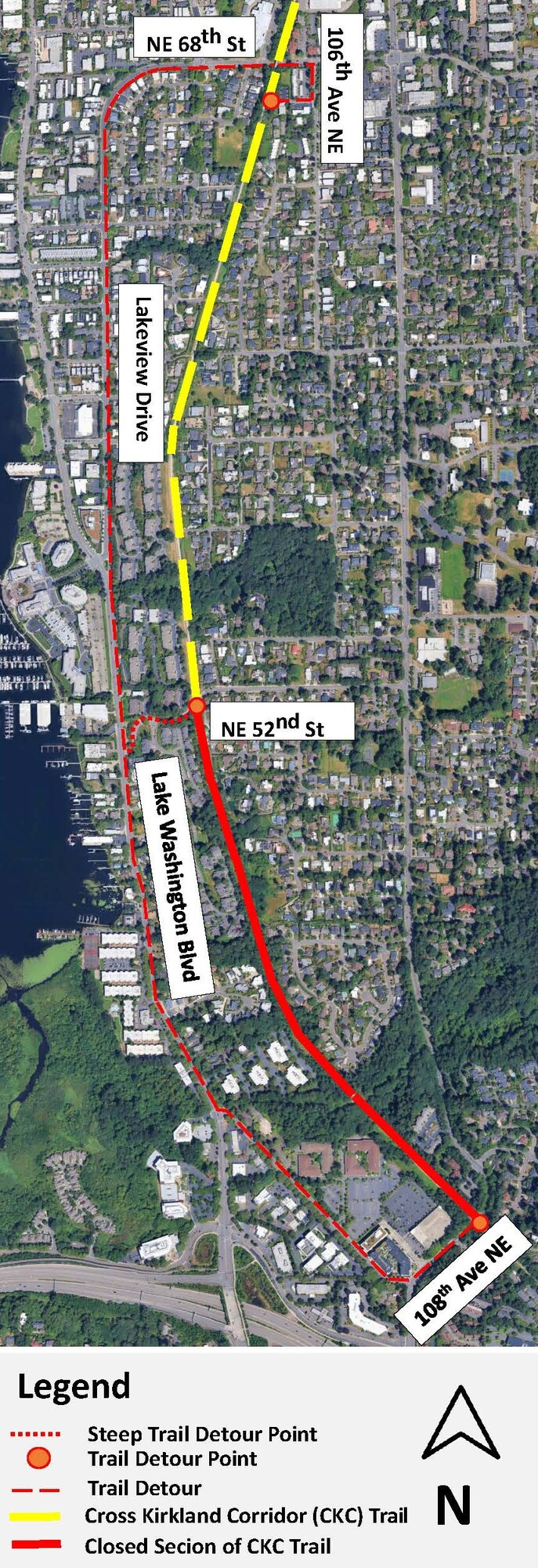 Map showing a section of the CKC Trail and detour options.