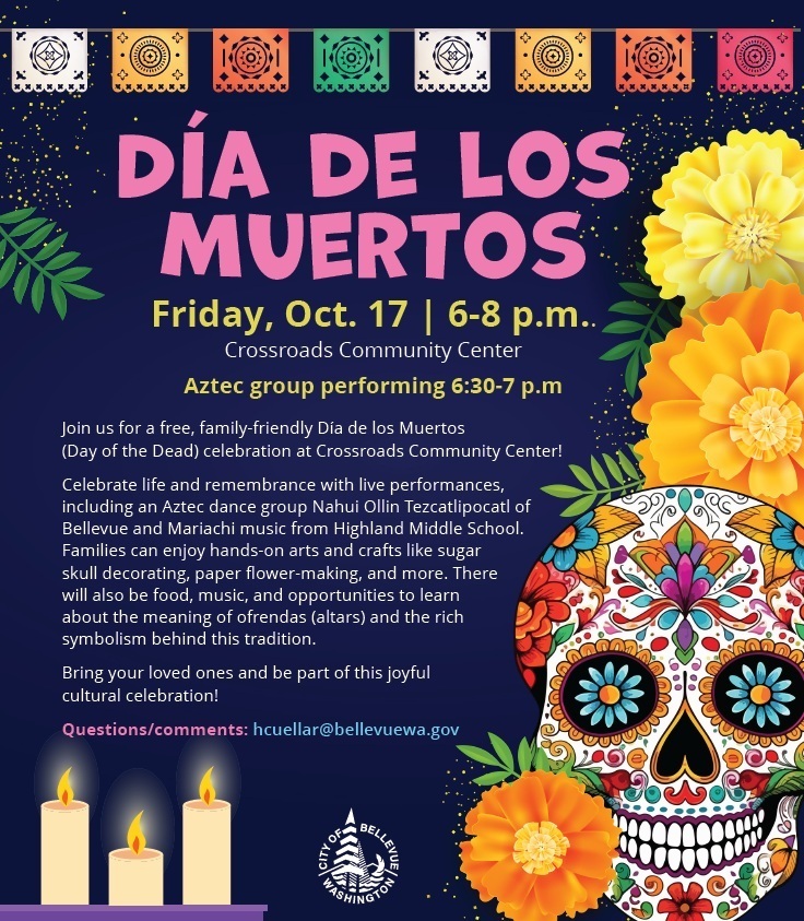 A graphic with event details, a sugar skull, marigolds, and papel picado against a navy blue background
