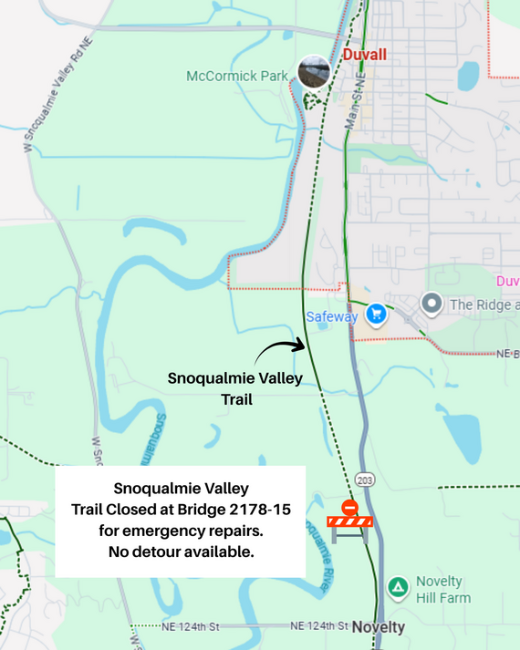 A map of the Duvall area with Snoqualmie Valley trail. Text reads Snoqualmie Valley Trail closed at bridge 2178-15. No detour available.