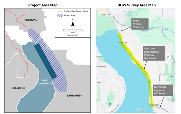 Map showing project area and zoomed in right-of-way work area on East Lake Sammamish Parkway