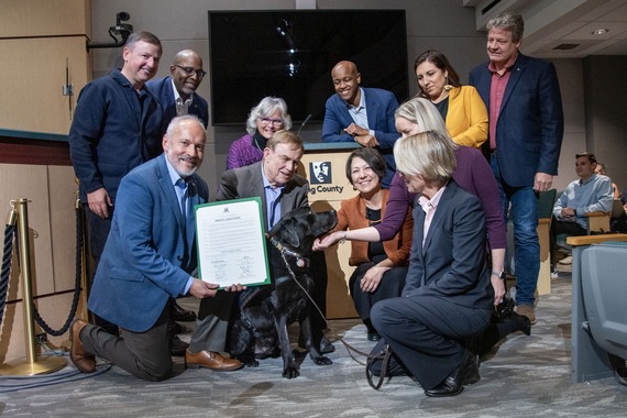 King County Council group photo with the very good boy Errol, the courthouse dog