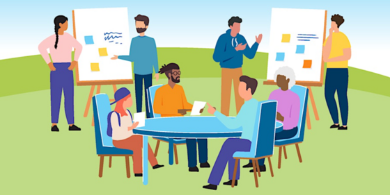 A cartoon of diverse people sitting at tables and standing taking notes on paper charts