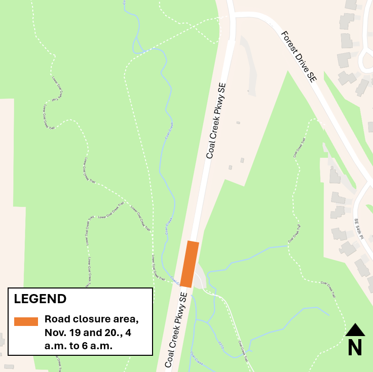 Map showing Coal Creek Parkway SE road closure area at Red Cedar Trailhead entrance