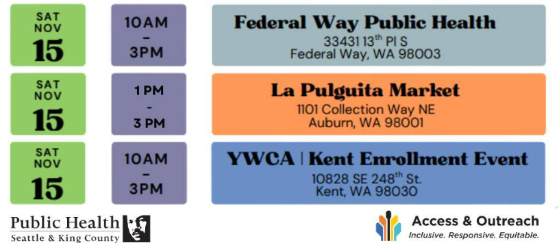 Multicolored infographic showing the dates and locations of upcoming open enrollment events
