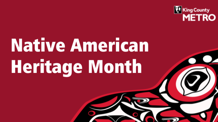 Text: "Native American Heritage Month" Red and native art in the bottom right corner 