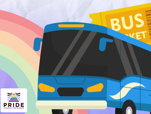 A cartoon blue bus against a rainbow background with a yellow bus ticket behind it
