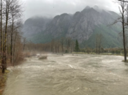 North Fork Snoqualmie River at flood phase 3 near North Bend at the intersection of SE Reinig Road and 428th Avenue SE (December 2023)