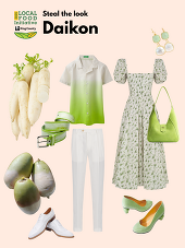 Steal the look Daikon, local food initiative as two looks with a lot of green and white clothing